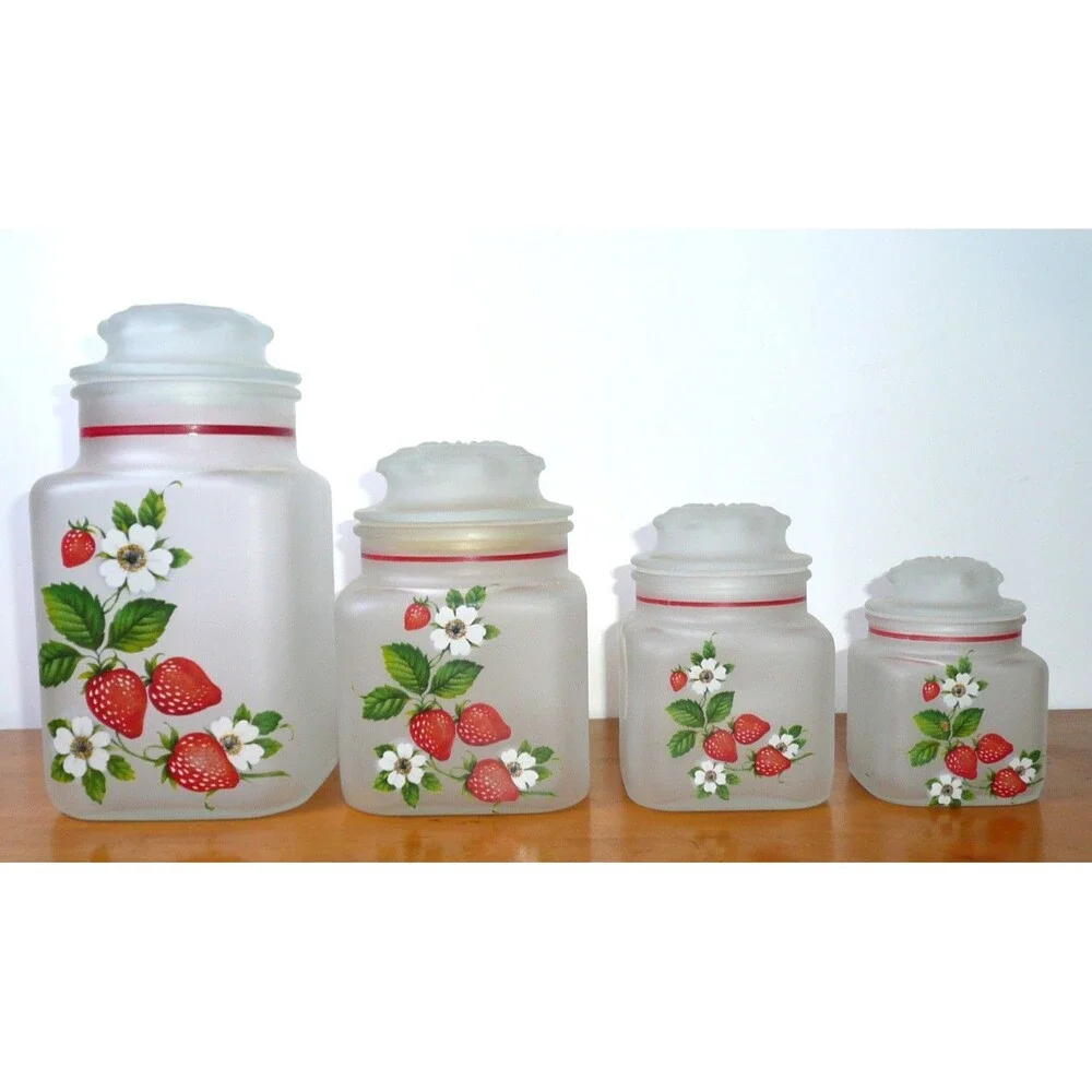 Vintage Anchor Hocking Strawberry Canister Set, 4 Piece Frosted/Satin Glass
